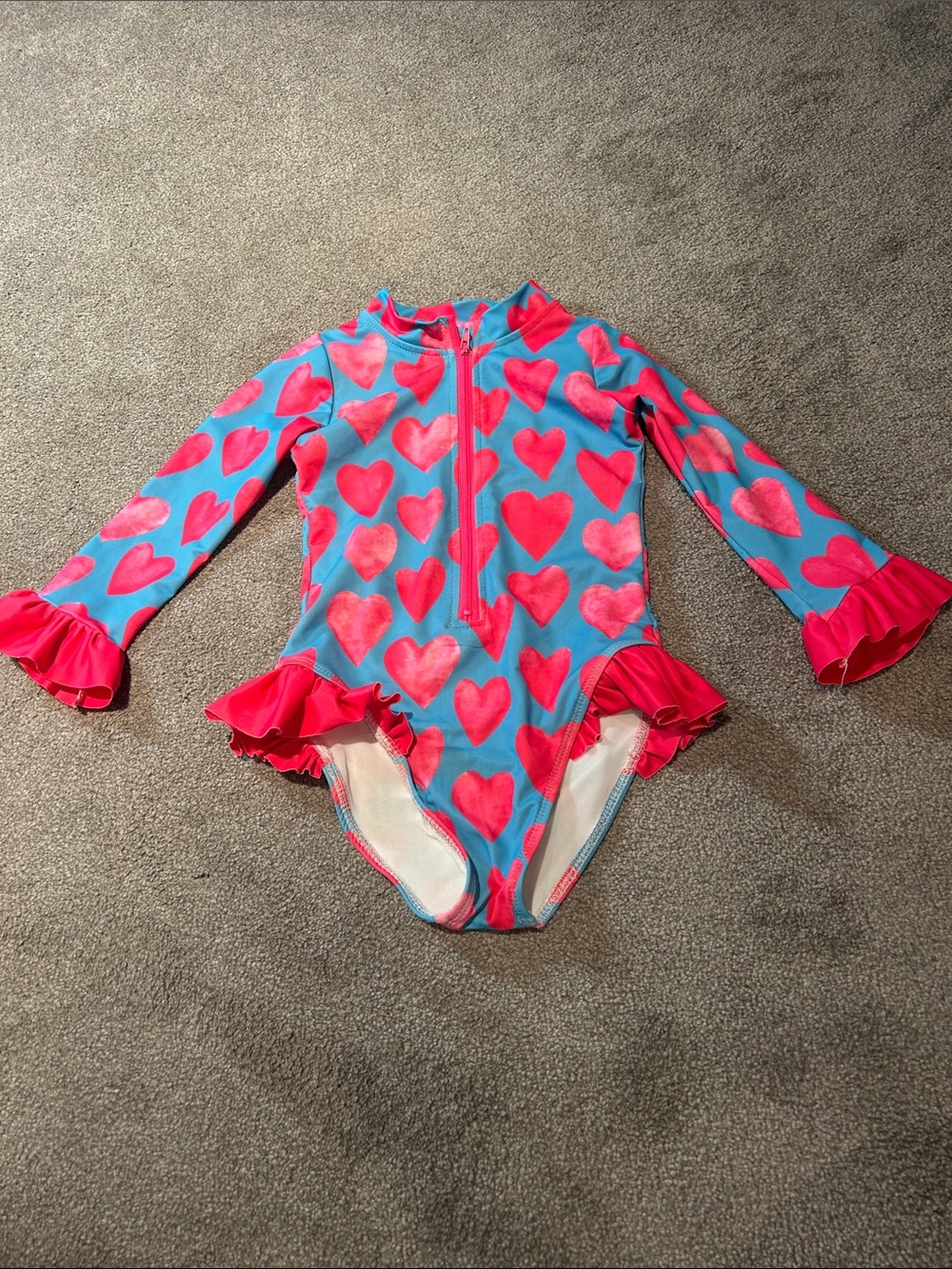 Girls Long-Sleeve Heart Print One-Piece Swimsuit in Blue & Pink